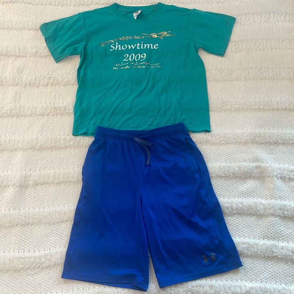 Under Armour athletic shorts blue drawstring waist green T-shirt size YLG 14 16